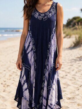 Beach By Exist Tie Dye Maxi Dress OS Navy Embroidered Resortwear Boho
